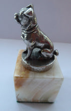 Load image into Gallery viewer, PUG DOG. Vintage White Metal MASCOT in the form of a Miniature Seated Pug. Mounted on Small Marble Cuboid Base
