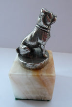 Load image into Gallery viewer, PUG DOG. Vintage White Metal MASCOT in the form of a Miniature Seated Pug. Mounted on Small Marble Cuboid Base
