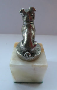 PUG DOG. Vintage White Metal MASCOT in the form of a Miniature Seated Pug. Mounted on Small Marble Cuboid Base