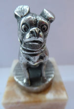 Load image into Gallery viewer, PUG DOG. Vintage White Metal MASCOT in the form of a Miniature Seated Pug. Mounted on Small Marble Cuboid Base
