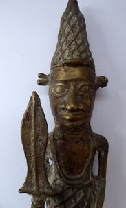 AFRICAN Benin Bronze, NIGERIA. Figurine / Sculpture of a Warrior Holding a Spear. 11 3/4 inches