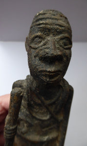 AFRICAN Benin Bronze, NIGERIA. Figurine / Sculpture of a Woman Holding a Stick to Grind Grain.  8 1/4 inches