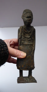 AFRICAN Benin Bronze, NIGERIA. Figurine / Sculpture of a Woman Holding a Stick to Grind Grain.  8 1/4 inches