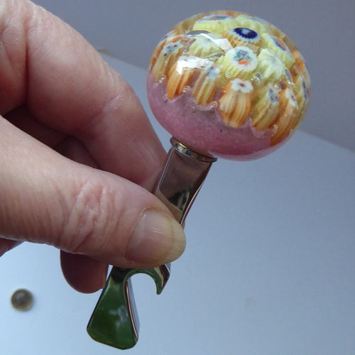 VASART GLASS Paperweight Set into a Lassman Chrome Bottle Opener Section. Miniature Millefiori Weight; 1960s