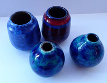 Load image into Gallery viewer, JOB LOT. Four Miniature West German Vases: Scheurich &amp; Ruska. Mainly Blue Tones. All about 4 inches.
