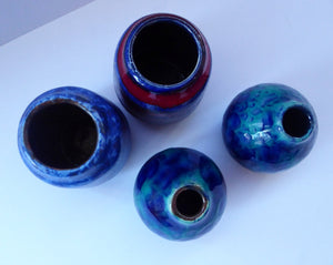 JOB LOT. Four Miniature West German Vases: Scheurich & Ruska. Mainly Blue Tones. All about 4 inches.