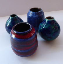 Load image into Gallery viewer, JOB LOT. Four Miniature West German Vases: Scheurich &amp; Ruska. Mainly Blue Tones. All about 4 inches.

