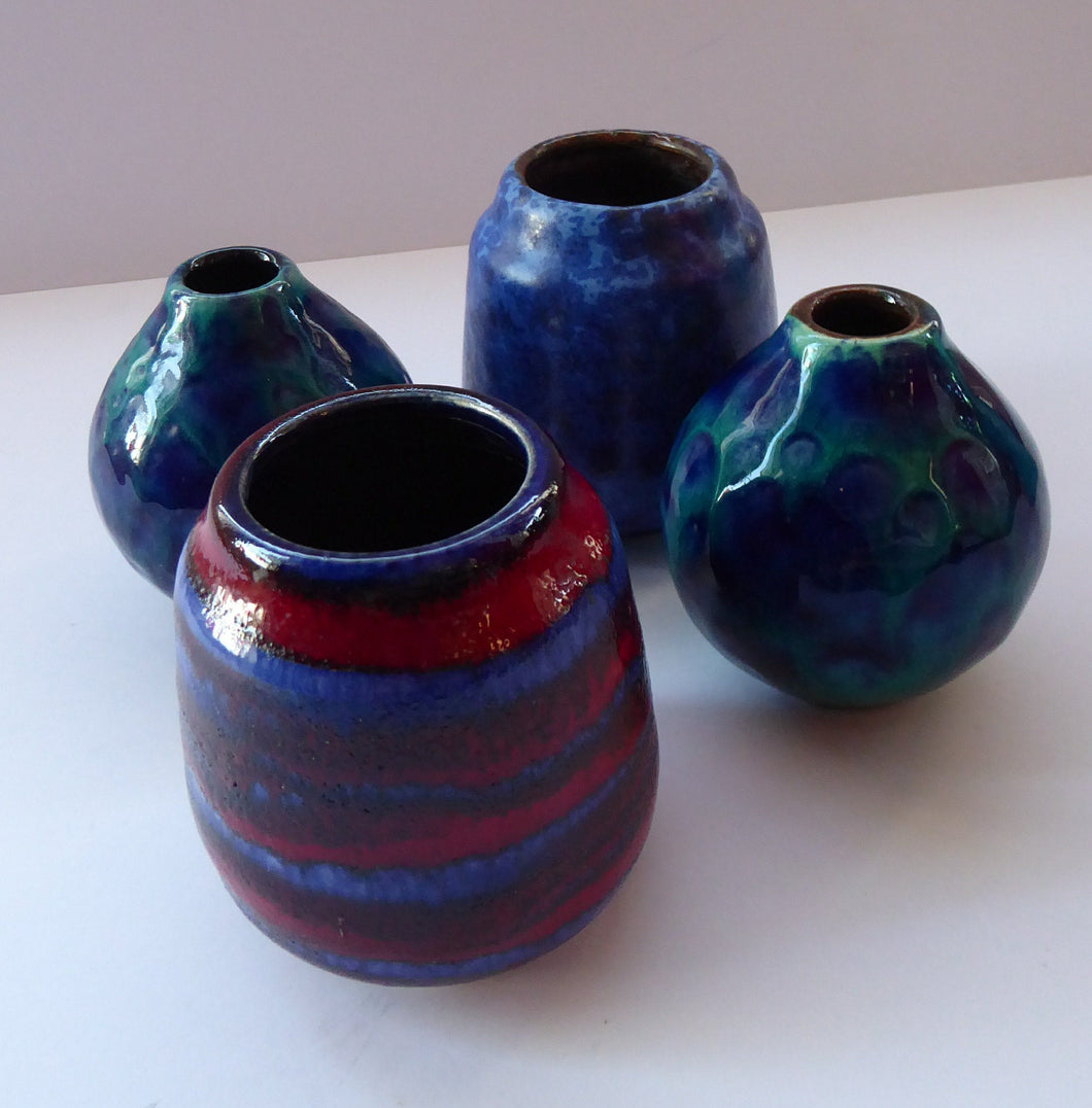 JOB LOT. Four Miniature West German Vases: Scheurich & Ruska. Mainly Blue Tones. All about 4 inches.
