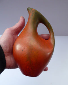 WEST GERMAN Ruscha Amorphic Vase with Handle - with interesting Vulcano Glaze. Height 6 1/2 inches