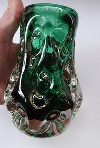 LISKEARD Glass Vase. Collectable Cornish Glass. Emerald Centre Cased with Thick Knobbly Clear Layer. Designed by Jim Dyer