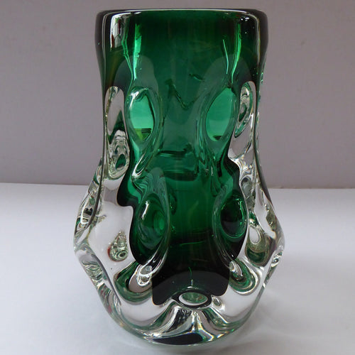 LISKEARD Glass Vase. Collectable Cornish Glass. Emerald Centre Cased with Thick Knobbly Clear Layer. Designed by Jim Dyer