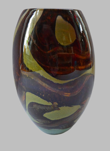 1970s Mdina Glass Vase with Earthtone Swirls. Ovoid Shape; 6 inches in height