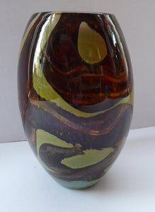 1970s Mdina Glass Vase with Earthtone Swirls. Ovoid Shape; 6 inches in height