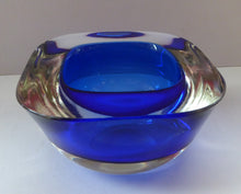 Load image into Gallery viewer, 1960s MURANO Glass Bowl. Vintage Sommerso Geode Blue and Clear Glass Chunky Bowl. 4 inches diameter
