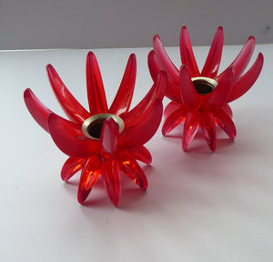 Pair of Collectable Mid Century 1960s Sputnik Style RED Plastic or Lucite Candlestick / Candle Holders & Bowl. German Freidel