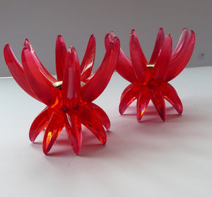 Pair of Collectable Mid Century 1960s Sputnik Style RED Plastic or Lucite Candlestick / Candle Holders & Bowl. German Freidel