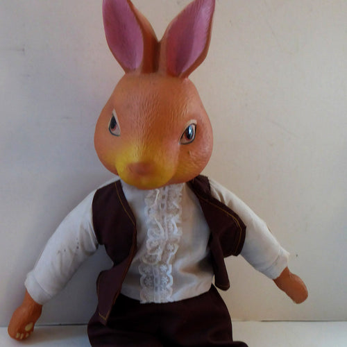 Strange VINTAGE RABBIT. Mr Rabbit has ceramic head and paws, soft body and has a vintage clothes on 16 1/2 inches