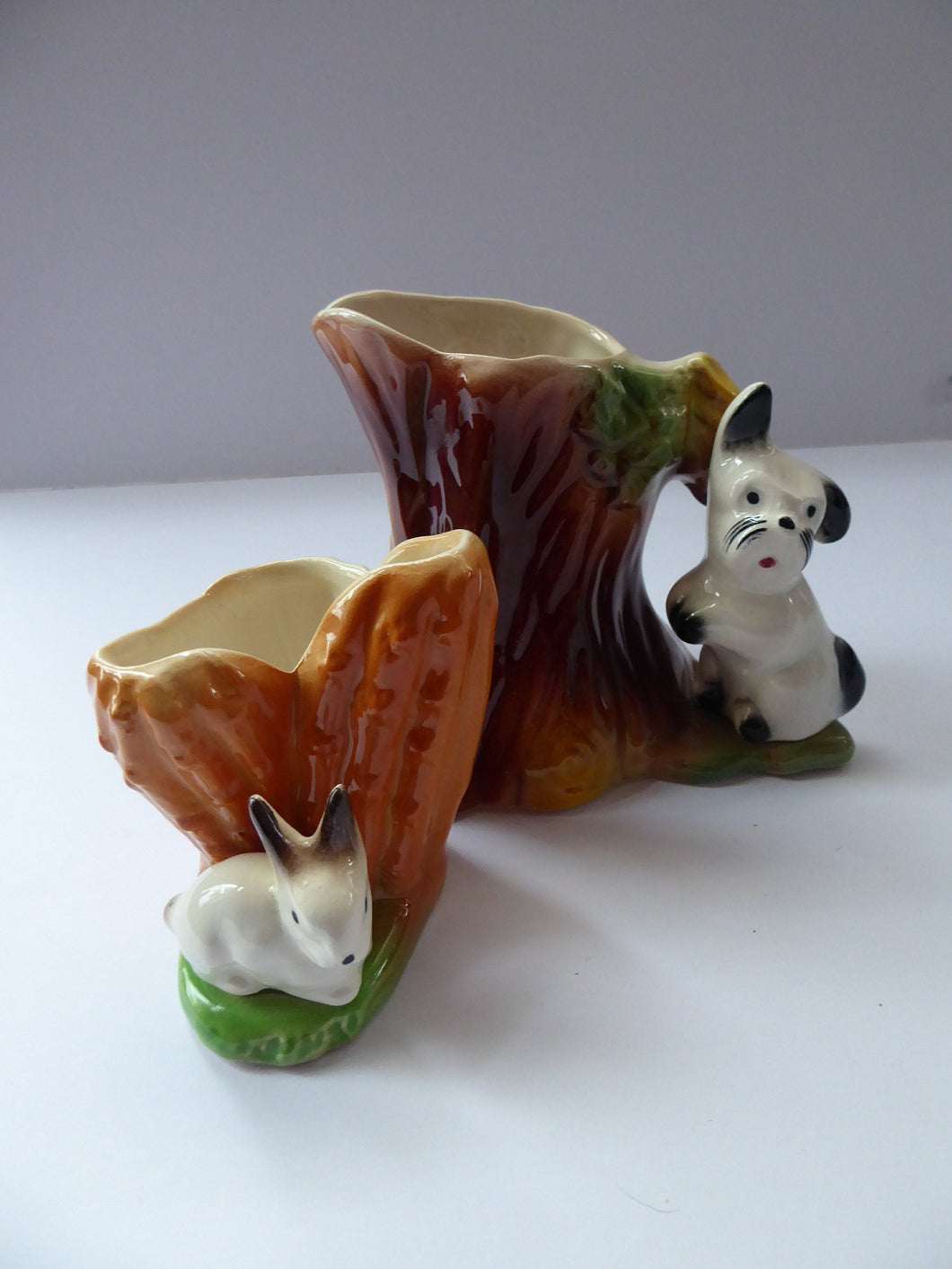 PAIR. 1960s Westgate Pottery Posy Dishes. Rarer Pair:  One with a Terrier Dog and the Other with a Cute Little Bunny Rabbit