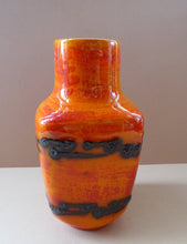 Load image into Gallery viewer, West German SCHEURICH Square Shaped Vase. Shiny Tangerine Orange Glazes: with Horizontal Lava Stripes 6 1/4 inches in heig
