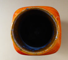 Load image into Gallery viewer, West German SCHEURICH Square Shaped Vase. Shiny Tangerine Orange Glazes: with Horizontal Lava Stripes 6 1/4 inches in heig
