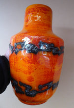 Load image into Gallery viewer, West German SCHEURICH Square Shaped Vase. Shiny Tangerine Orange Glazes: with Horizontal Lava Stripes 6 1/4 inches in heig
