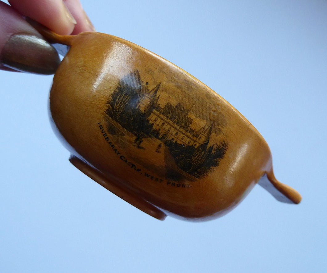 Antique 19th Century MAUCHLINE Ware Miniature Scottish Drinking Quaich. With Image of Inveraray Castle