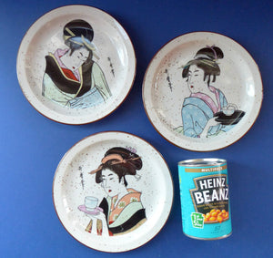 Three Japanese Stoneware Stoneware Plates. Geisha Girls