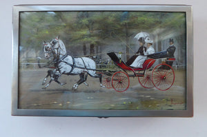ANTIQUE Edwardian Silver Plate Cigar or Cigarette Box - with hand embellised print by GEORGE WRIGHT. Carriage Image