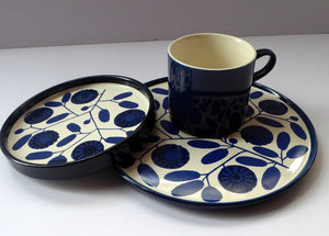German 1960s MELITTA Blue Sunflowers PORCELAIN Trio. Cup, Saucer & Side Plate. Designed by Lilo Kantner