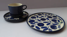 Load image into Gallery viewer, German 1960s MELITTA Blue Sunflowers PORCELAIN Trio. Cup, Saucer &amp; Side Plate. Designed by Lilo Kantner

