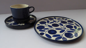 German 1960s MELITTA Blue Sunflowers PORCELAIN Trio. Cup, Saucer & Side Plate. Designed by Lilo Kantner