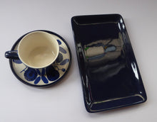 Load image into Gallery viewer, German 1960s MELITTA Blue Sunflowers PORCELAIN Cup, Saucer  with plain blue oblong side plate. Designed by Lilo Kantner
