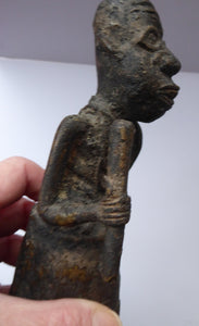 AFRICAN Benin Bronze, NIGERIA. Figurine / Sculpture of a Woman Holding a Stick to Grind Grain.  8 1/4 inches
