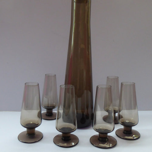 1960s STROMA. Classic Scottish CAITHNESS GLASS Peat Coloured Decanter and Six Matching Glasses