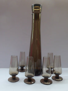 1960s STROMA. Classic Scottish CAITHNESS GLASS Peat Coloured Decanter and Six Matching Glasses