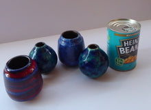 Load image into Gallery viewer, JOB LOT. Four Miniature West German Vases: Scheurich &amp; Ruska. Mainly Blue Tones. All about 4 inches.
