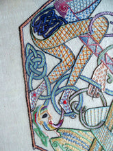 Load image into Gallery viewer, LARGE George Bain Style Celtic Revival Framed Embroidered Panel in Fine Period Frame. Design taken from the Book of Kells
