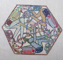 Load image into Gallery viewer, LARGE George Bain Style Celtic Revival Framed Embroidered Panel in Fine Period Frame. Design taken from the Book of Kells

