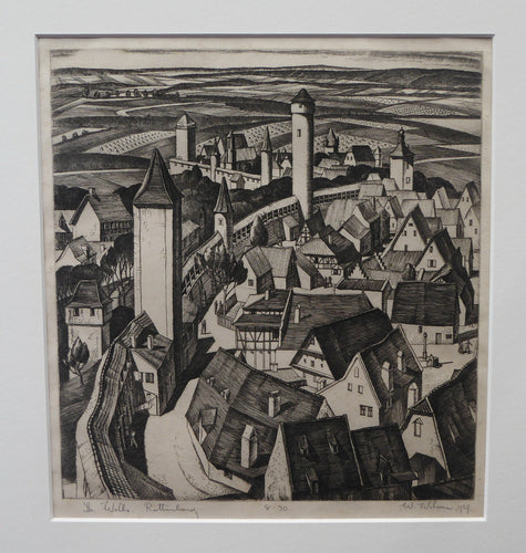 William Wilson Etching. The Walls of Rothenburg 1929