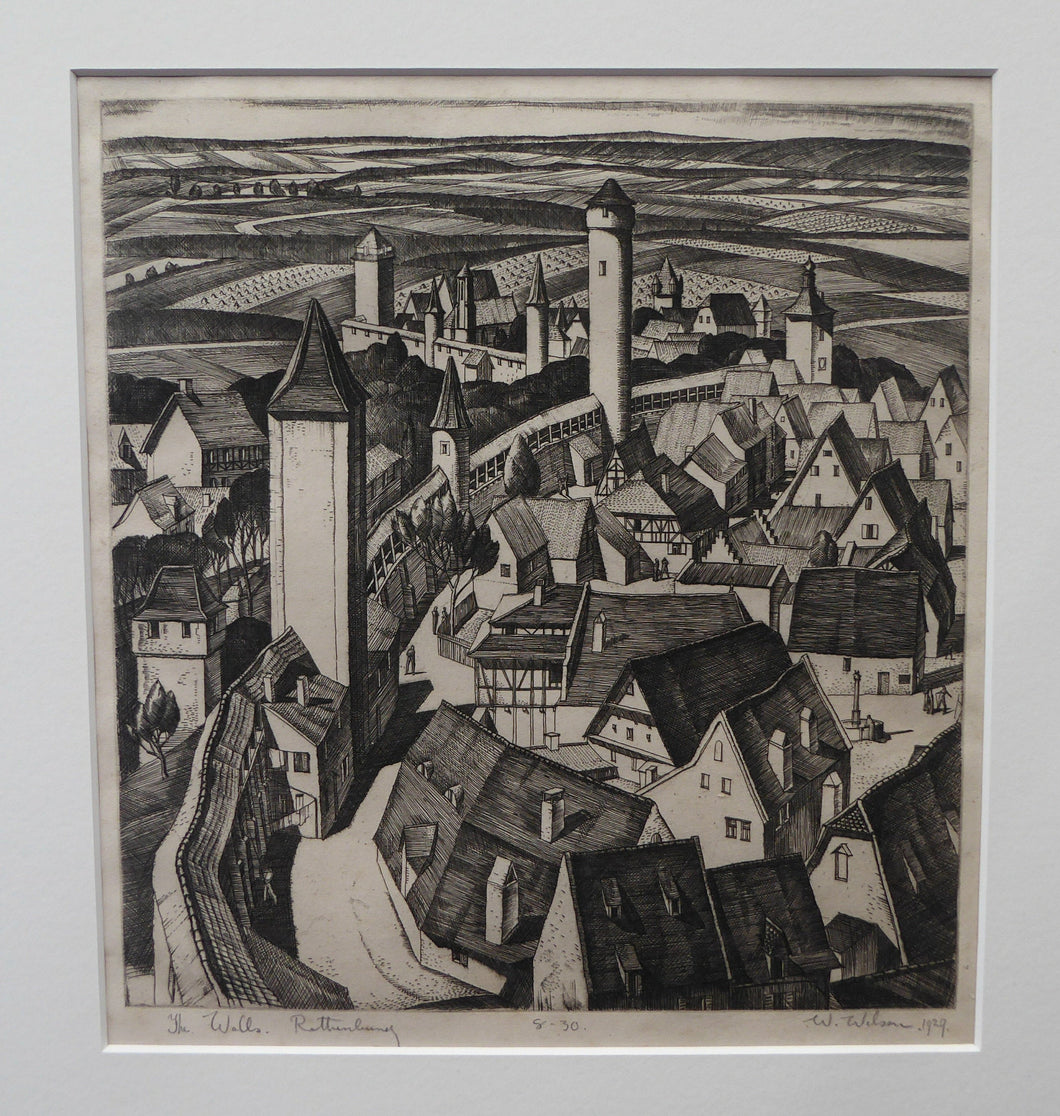 William Wilson Etching. The Walls of Rothenburg 1929