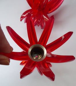 Pair of Collectable Mid Century 1960s Sputnik Style RED Plastic or Lucite Candlestick / Candle Holders & Bowl. German Freidel