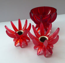 Load image into Gallery viewer, Pair of Collectable Mid Century 1960s Sputnik Style RED Plastic or Lucite Candlestick / Candle Holders &amp; Bowl. German Freidel
