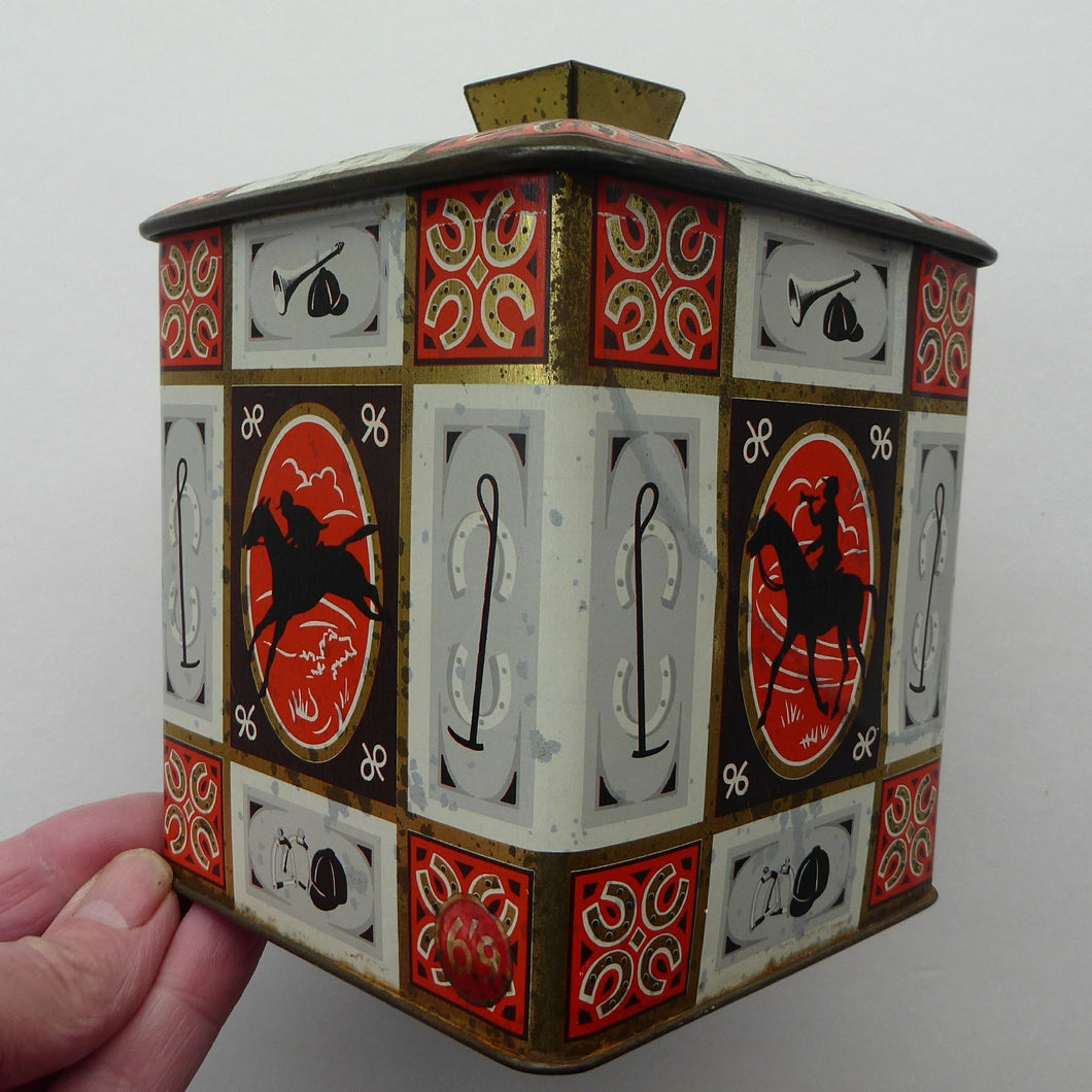Quirky 1960s Vintage Toffee Tin by Edward Sharp & Son, Kent. Decorated with Stylised Images of Horses