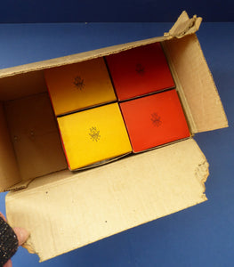 FOUR Vintage Pyrex Tumbler Set. Original Card Boxes - Space Age Yellow and Red 1/2 pint Tumblers with plastic holders