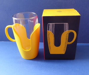 FOUR Vintage Pyrex Tumbler Set. Original Card Boxes - Space Age Yellow and Red 1/2 pint Tumblers with plastic holders