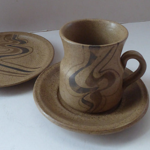Vintage Cup, Saucer & Side Plate by Barbara Davidson. 1970s with hand-painted 