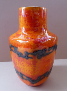 West German SCHEURICH Square Shaped Vase. Shiny Tangerine Orange Glazes: with Horizontal Lava Stripes 6 1/4 inches in heig