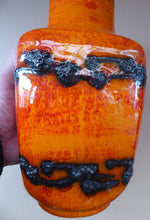 Load image into Gallery viewer, West German SCHEURICH Square Shaped Vase. Shiny Tangerine Orange Glazes: with Horizontal Lava Stripes 6 1/4 inches in heig
