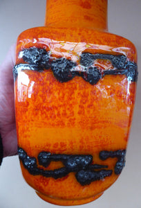 West German SCHEURICH Square Shaped Vase. Shiny Tangerine Orange Glazes: with Horizontal Lava Stripes 6 1/4 inches in heig