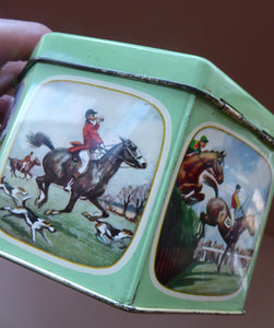 1960s BISCUIT TIN. Rare Vintage SCOTTISH Octagonal Tin - with Images of Various Sports with Horses. MacFarlane Lang, Glasgow